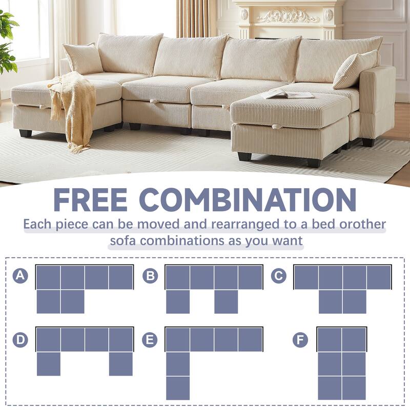 Beige 6-Piece Convertible Corduroy Modular Sectional Sofa with Storage & Ottomans