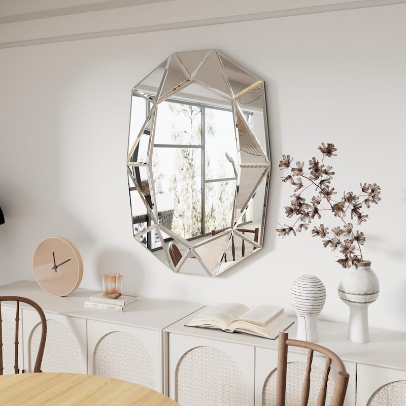 Irregular Glass Wall Art Mirror with Beveled Diamond Edge Accent Mirror - Silver
