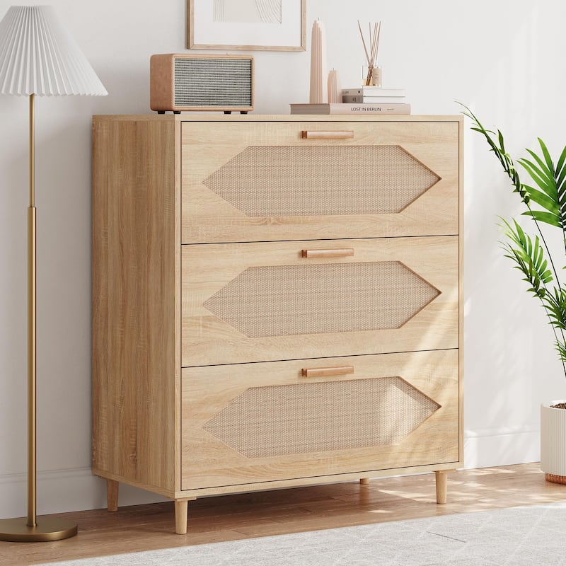 3 Drawer Rattan Dresser for Bedroom, Modern Wood Chest of Drawers with Rattan Accents