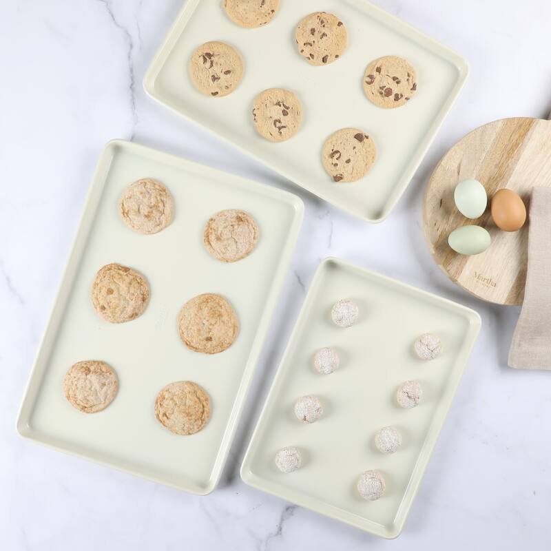 Martha Stewart 3-Piece Cookie Sheet Set - 13", 15", 17" Baking Pans, Ceramic Nonstick, PFA-Free, Carbon Steel