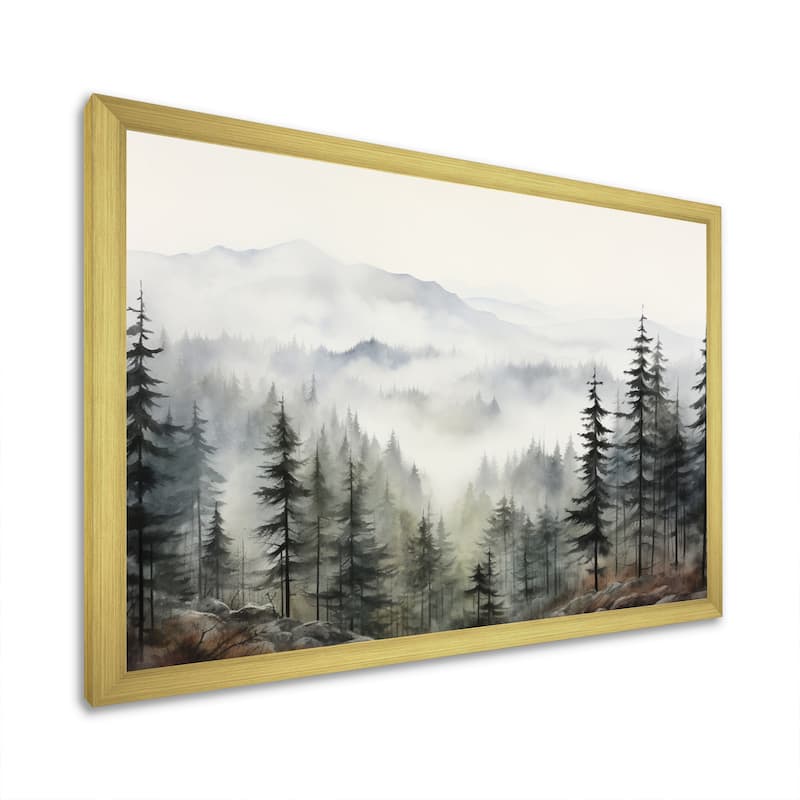 Designart "Pine Tree Misty Mountain II" Floral Framed Wall Art Living Room