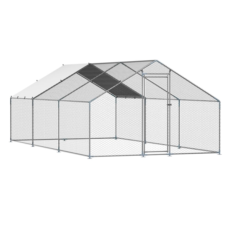 Silver Galvanized Steel Chicken Coop with Protective Net and PE Tarp Cover - 3x6x2 m - Spire