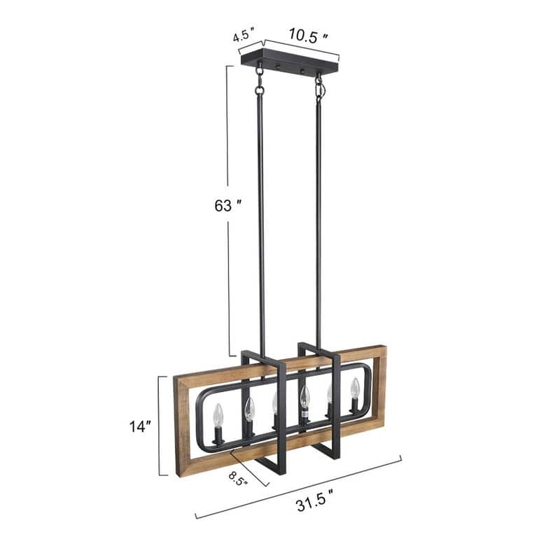 Modern Farmhouse 6-Light Wood Chandelier Rectangle Island Lights for Dining Room - W31.5" X E8.7" X H13.8"