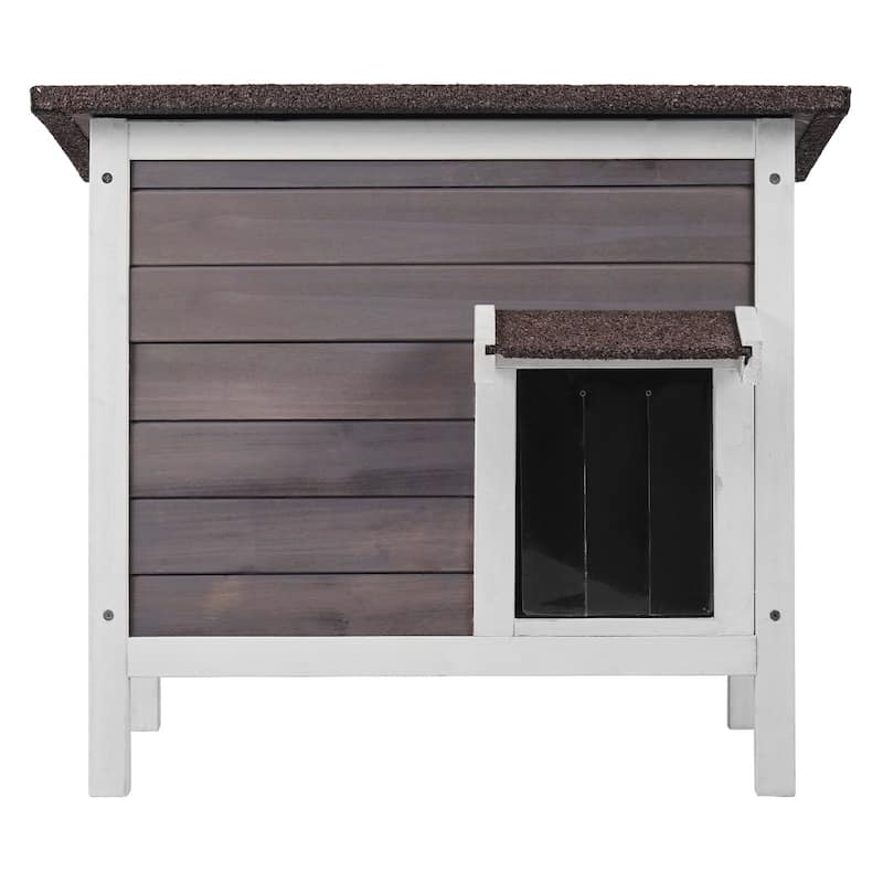 Grey Wooden Cat House with Asphalt Sloped Roof and PVC Flaps Door Suitable for Indoor or Outdoor - 24” x 20” x 21”
