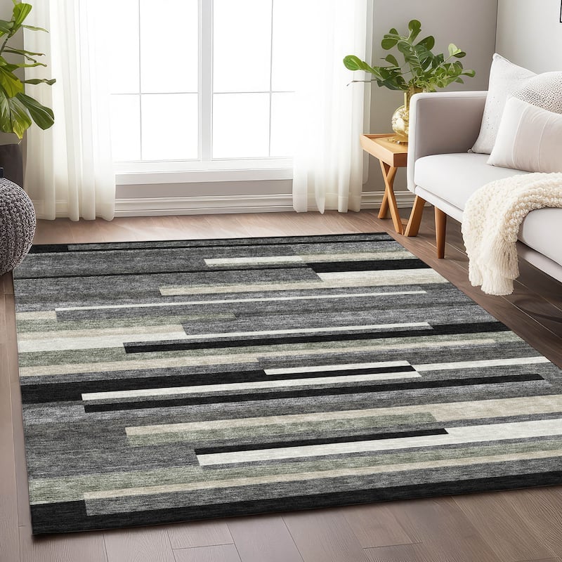 Premium Washable Super Soft Stripes Stacked Mayfield Rug - Black - 3' x 5' - Rectangle