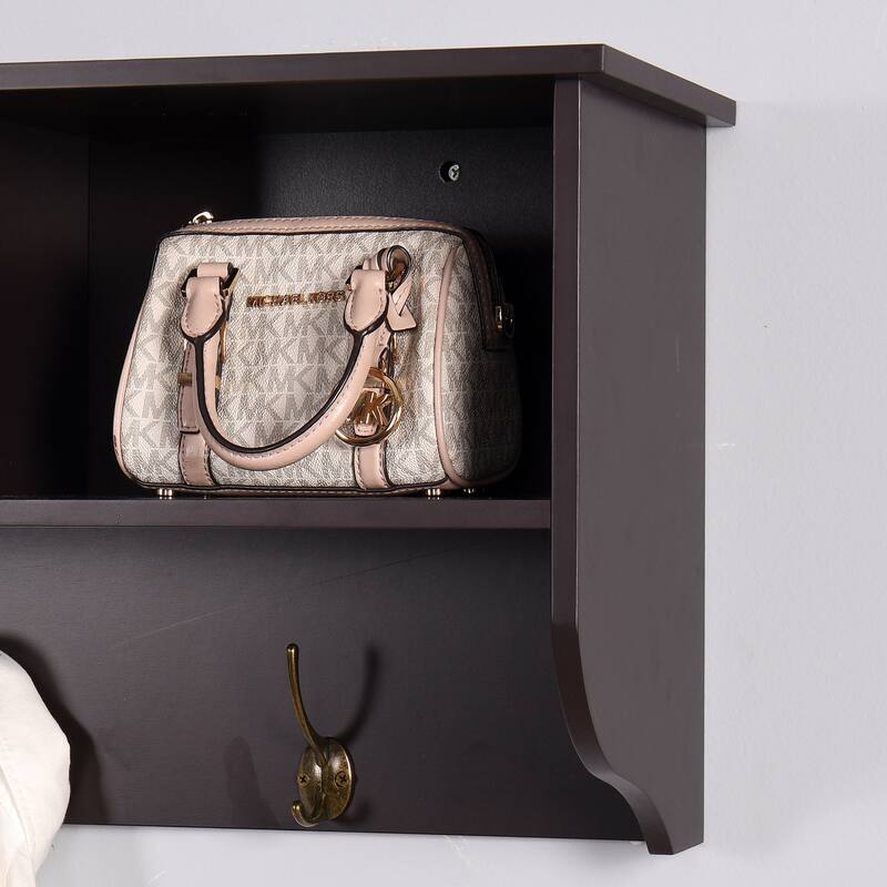Wall Mounted Coat Rack W/ 4 Dual Hooks, Wood Storage Shelf Small Space