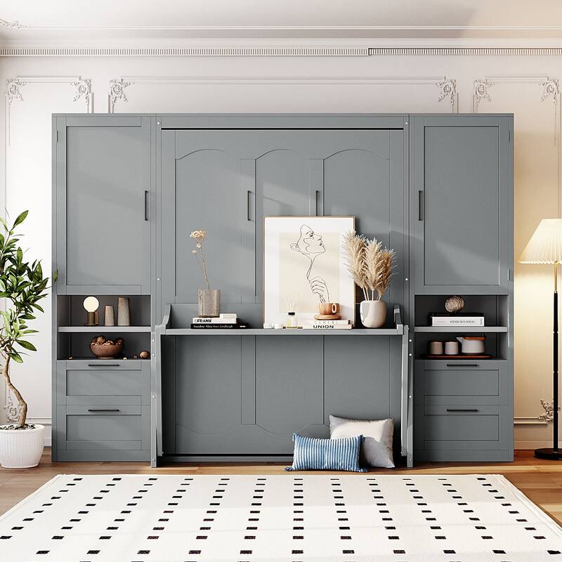 Full Size Murphy Bed with Closet - Foldable Wall Bed with Drawers & Shelves for Small Spaces - Grey