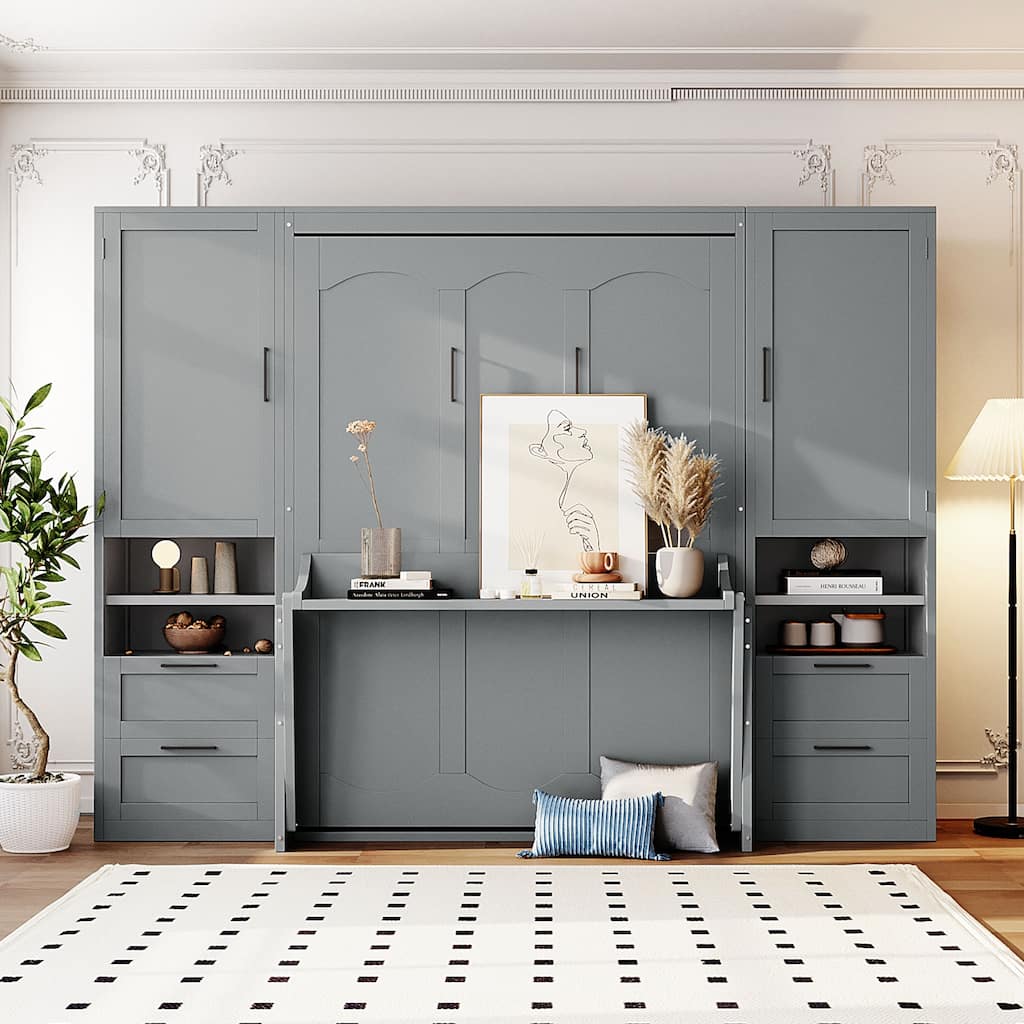 Superior Quality Full Size Murphy Bed Wall Bed with Closet, Drawers & Shelves, Multifunctional Space-Saving Solution, Gray