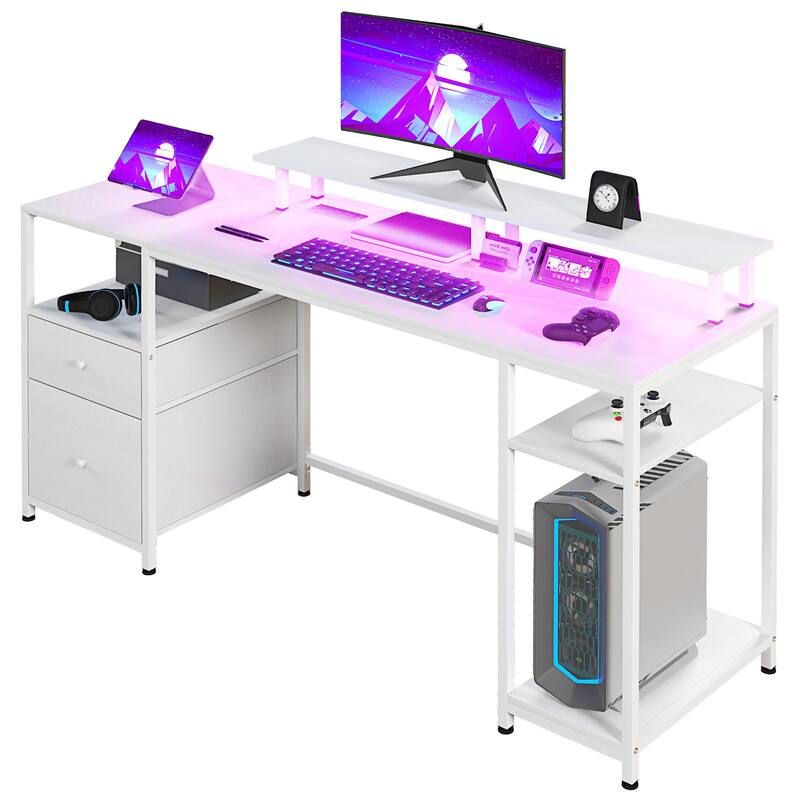 LED Gaming Desk with USB Ports & Power Outlets, Office Desk with Adjustable Foot Pads & Storage Shelves