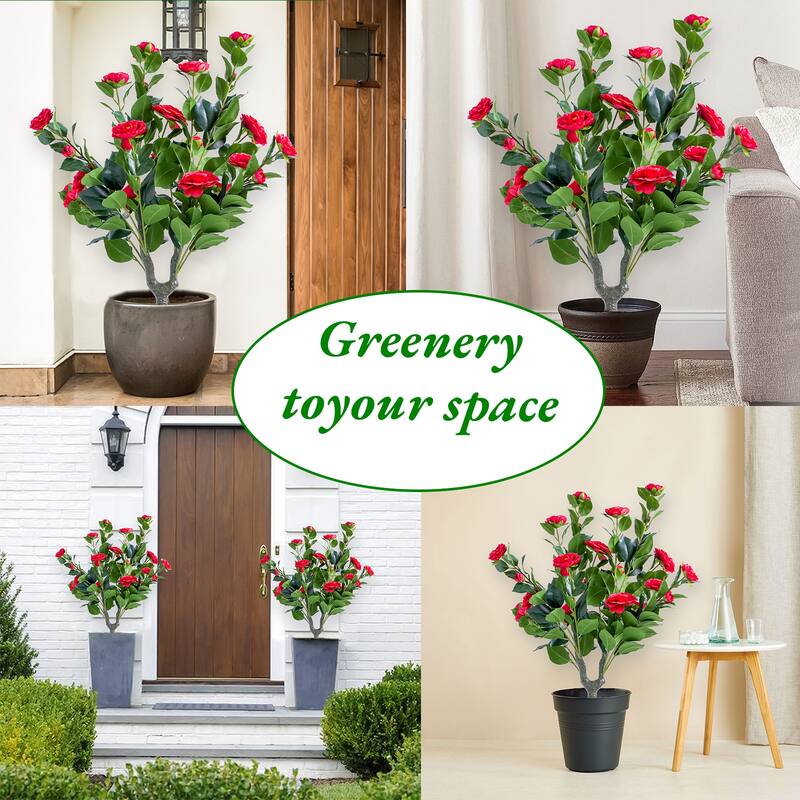 2 FT Artificial Topiary Flower Ball Trees with Ground Spike, Set of 2 Fake Rose Flowers Shrubs with Stake for Outdoor