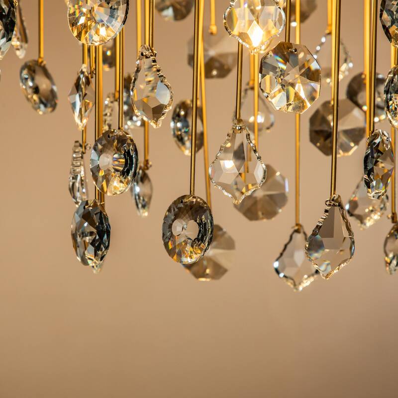 5-Light 20" Contemporary and Glam Antique Gold Rain Drop Crystal Flush Mount