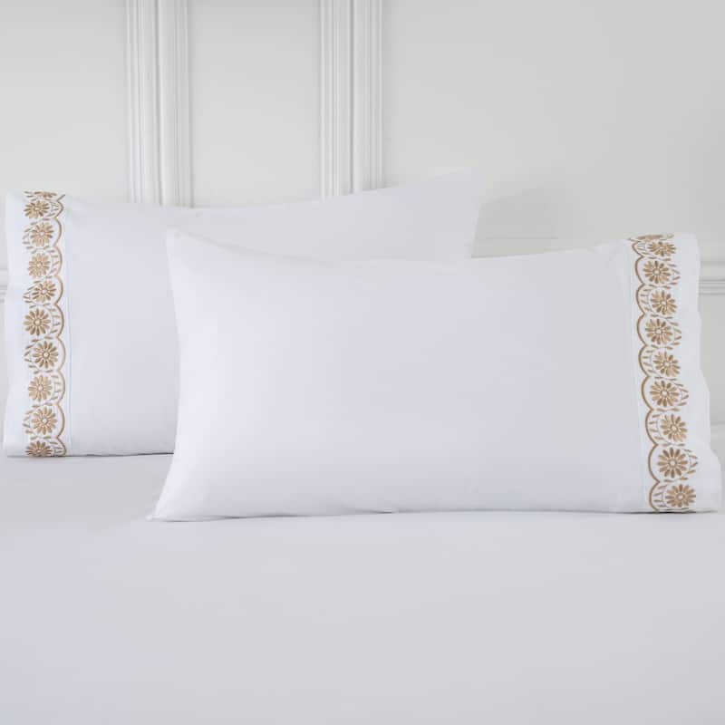 Hotel Style 200TC Cotton Percale Pillowcases, Floral Embroidery, 2Pack, 4 Patterns, 20x30" - Gold