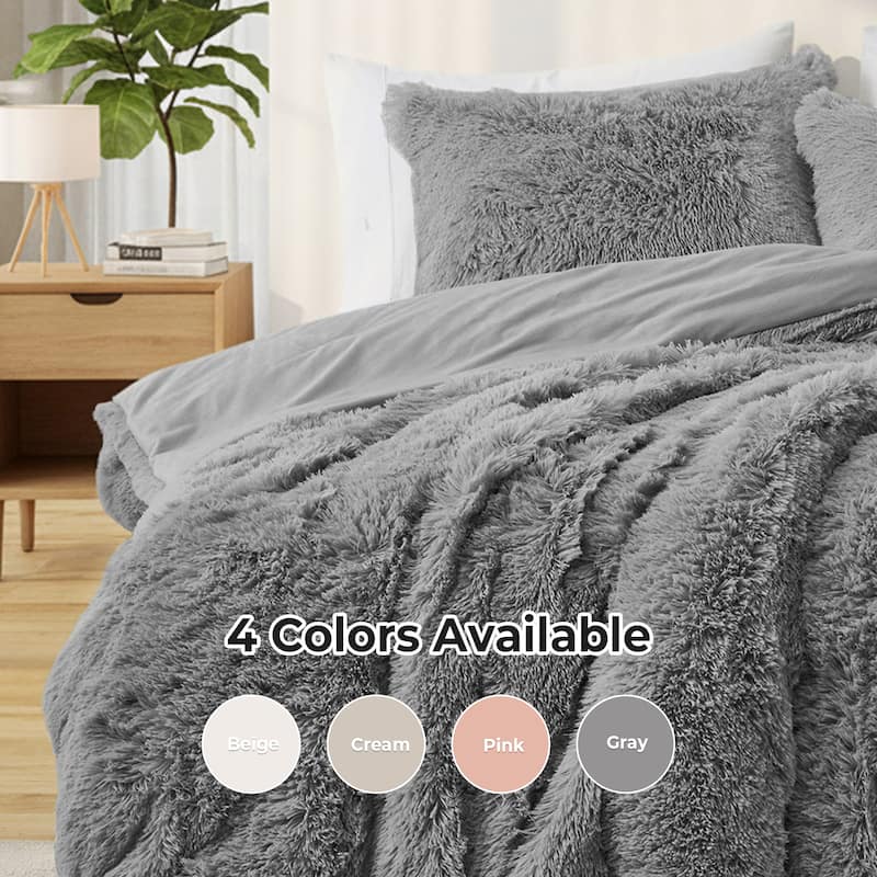 Fluffy Shaggy Reversible Faux Fur Comforter Set, Fuzzy Plush Bedding Set