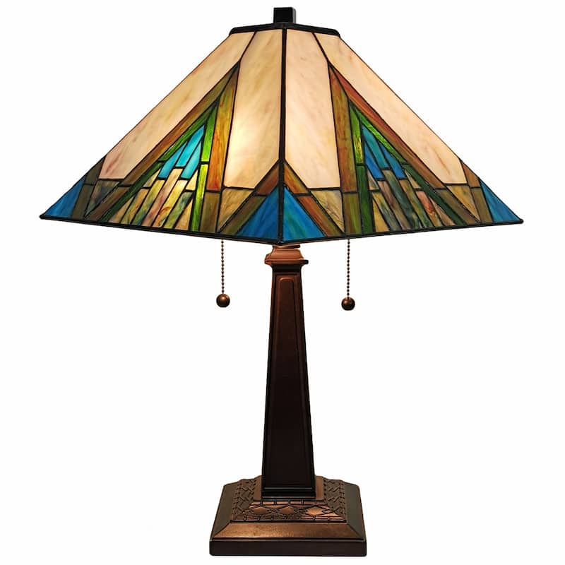 HomeRoots 23" Stained Glass Handcrafted Pyramid Style Two Light Mission Style Table Lamp - 21 x 22 x 11