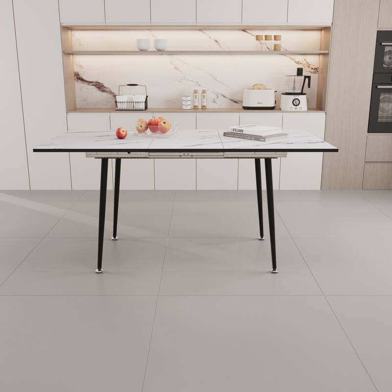 Expandable Marble Pattern Dining Table with Black Metal Legs for Kitchen Dining Room or Living Room - 47”L x 31”W x 30”H