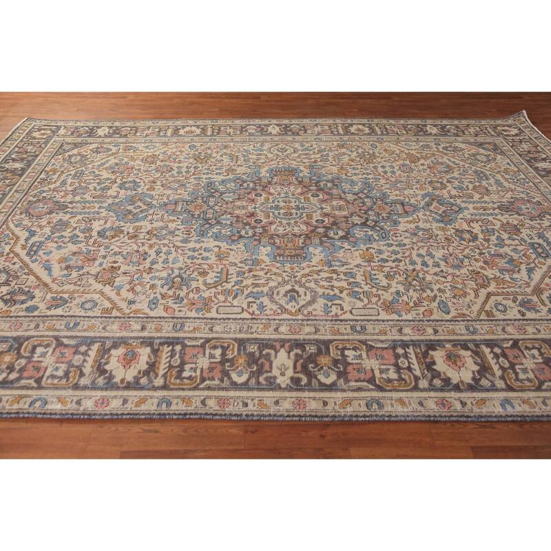 Geometric Tabriz Persian Rug Handmade Beige Oriental Wool Carpet - 8'4"x 11'0"