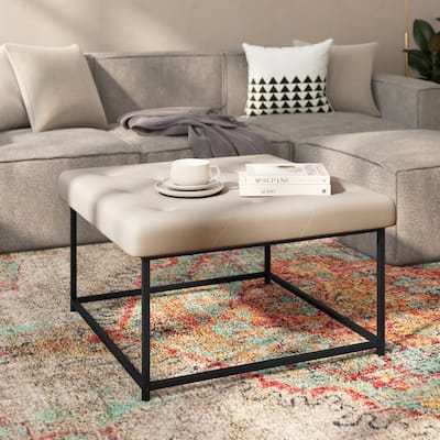 Tufted Square Faux Leather Ottoman with Iron Frame