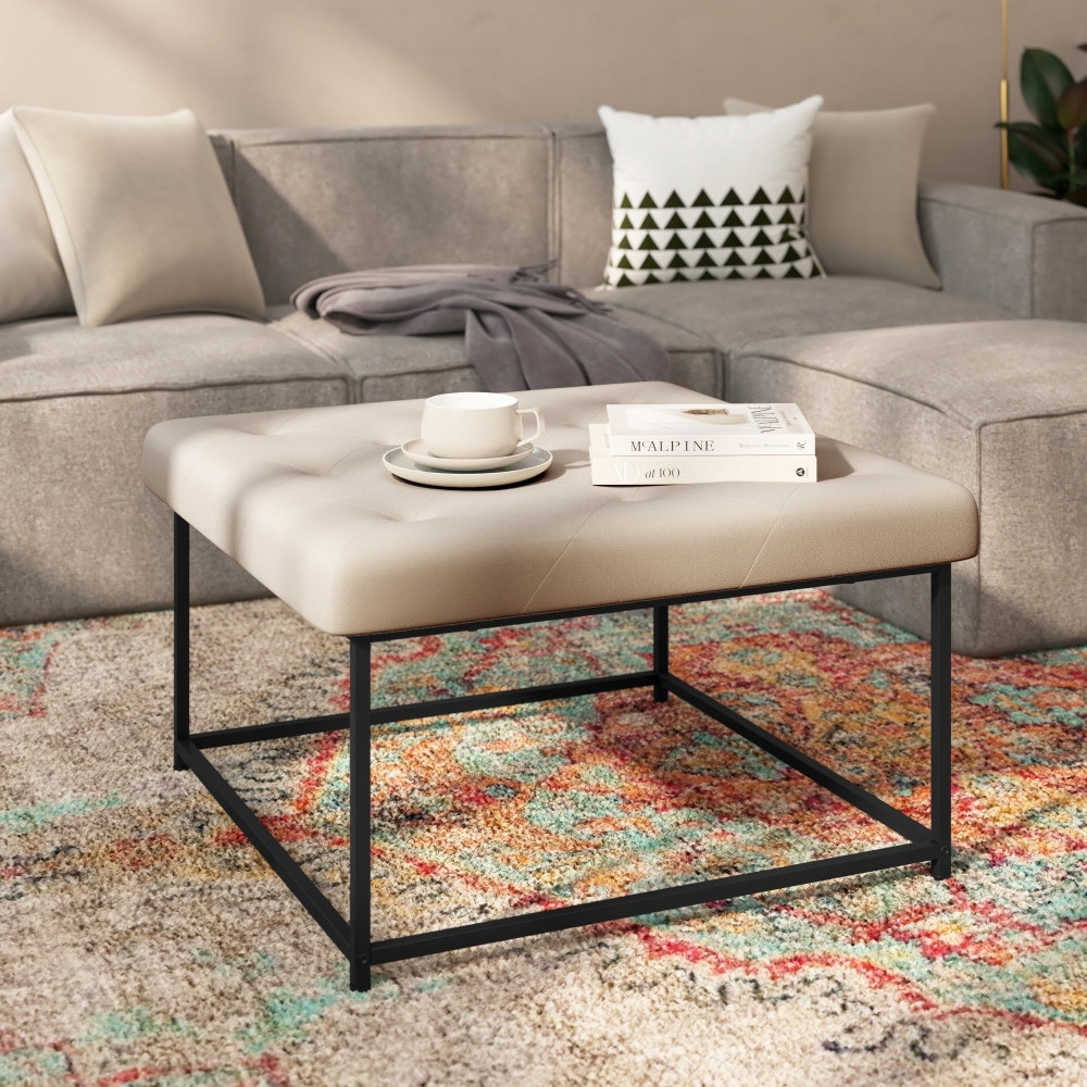Tufted Square Faux Leather Ottoman with Iron Frame