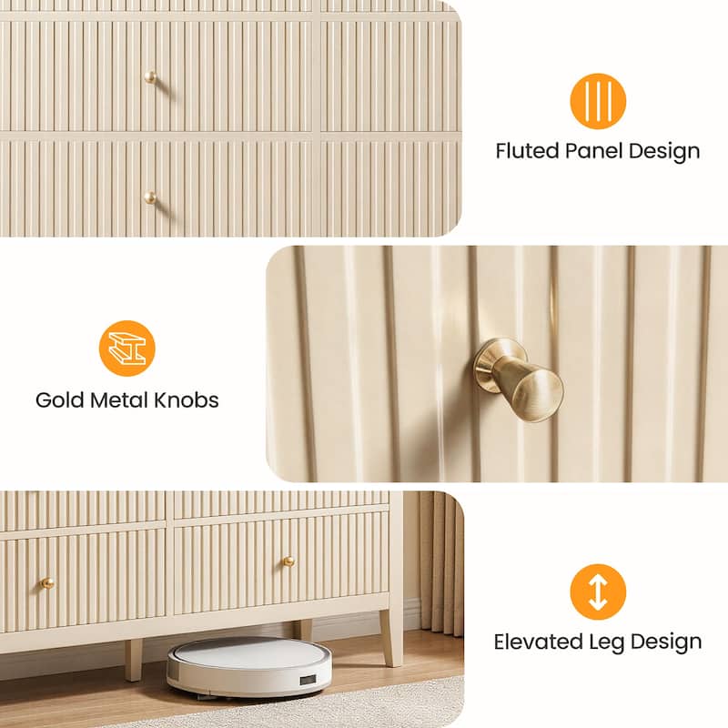 6 Drawer Dresser Fluted Modern with 5 Colors Available | High Weight Capacity Wood Dresser for Bedroom
