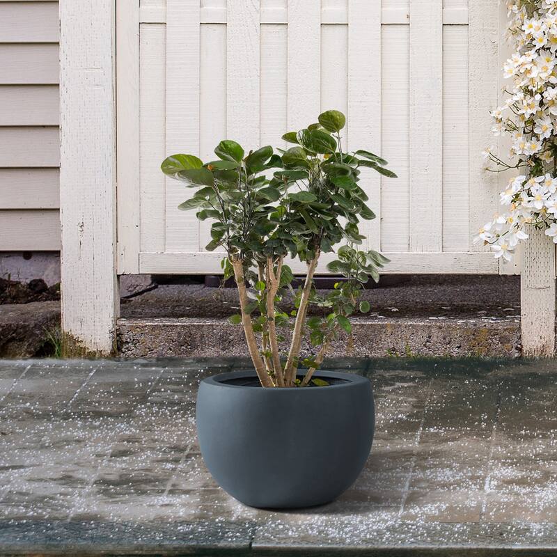 Kante 8 in. H Concrete and Fiberglass Round Bowl Planter, Outdoor Indoor Large Planters Pots with Drainage Hole