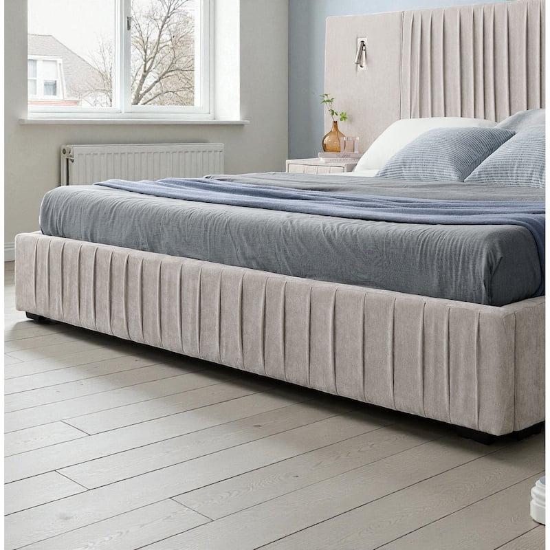 Queen Upholstered Platform Bed with Pleated Chenille Headboard, Built-in Bedside Table & Adjustable Lamps, No Box Spring