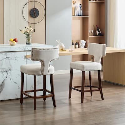 Counter Height Bar Stools Set of 2, Farmhouse Linen Fabric Upholstered Accent Chair Curved Backrest with Copper Nails around