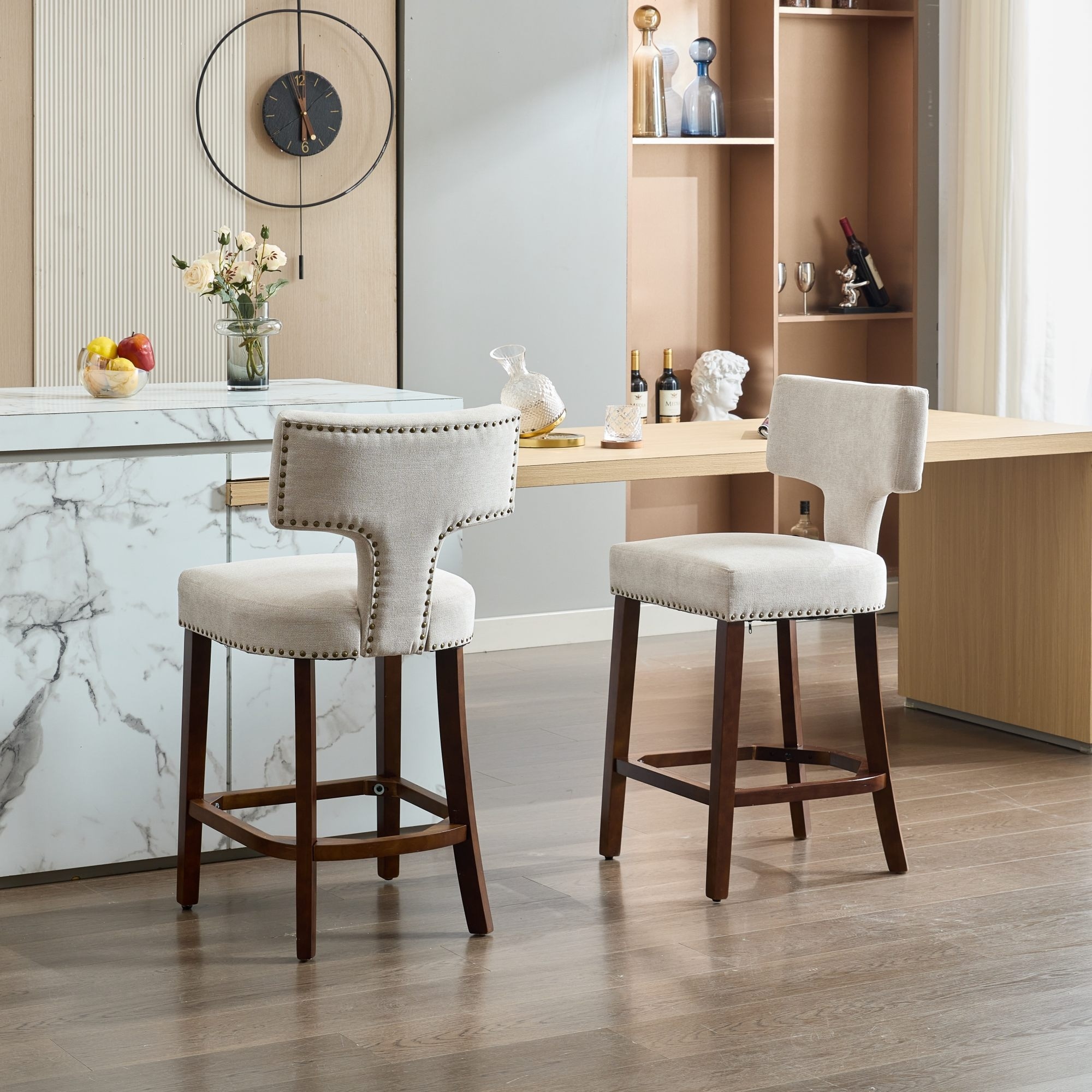 Roomfitters Mid-Century Modern Counter Height Bar Stools Set of 2, Linen Upholstered Curved Back Kitchen Chairs