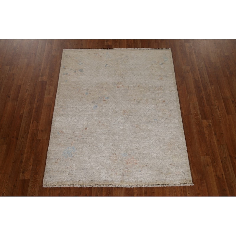Geometric Art Deco Oriental Wool Area Rug Hand-knotted Foyer Carpet - 3'11" x 4'10"