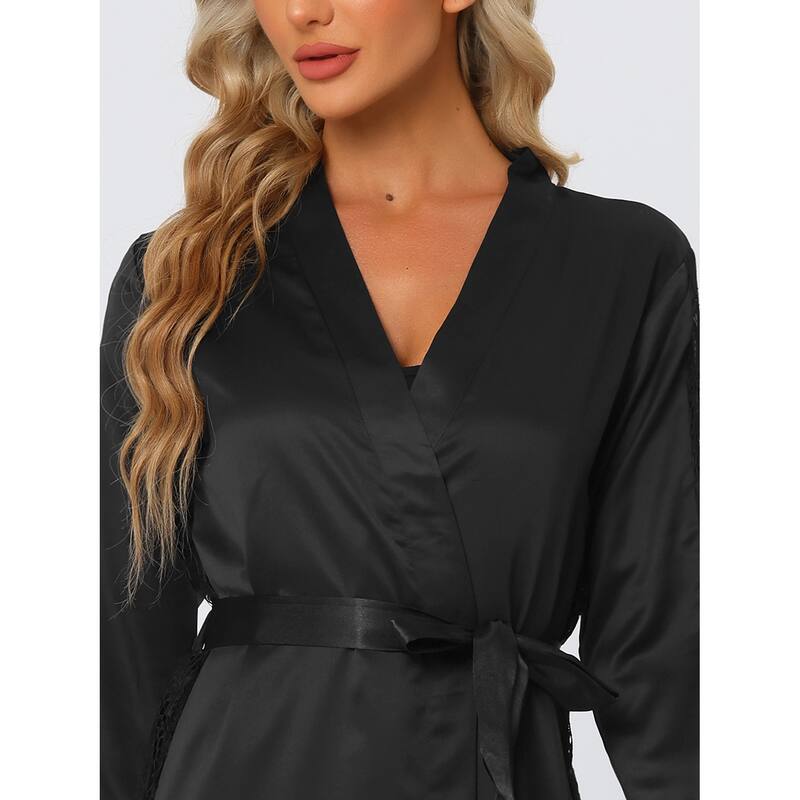 Womens Satin Robe Lace Trim Long Sleeve Dressing Gown Bathrobe Bridesmaid Wedding Bride Robe