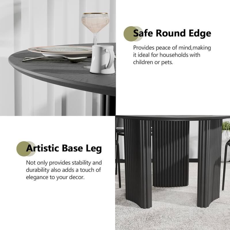 Modern Round Dining Table with Striped Column Legs Solid Wood Kitchen Table Anti-Scratch Footpads