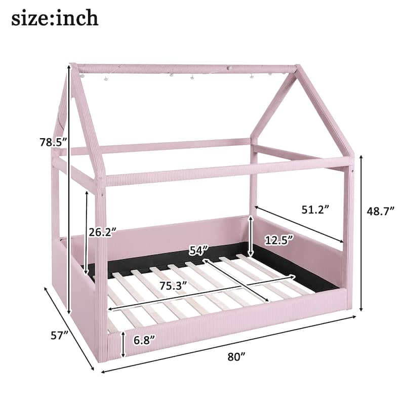 Full Size Upholstered House Bed Frame, Kids Platform Bed with LED Light Strips