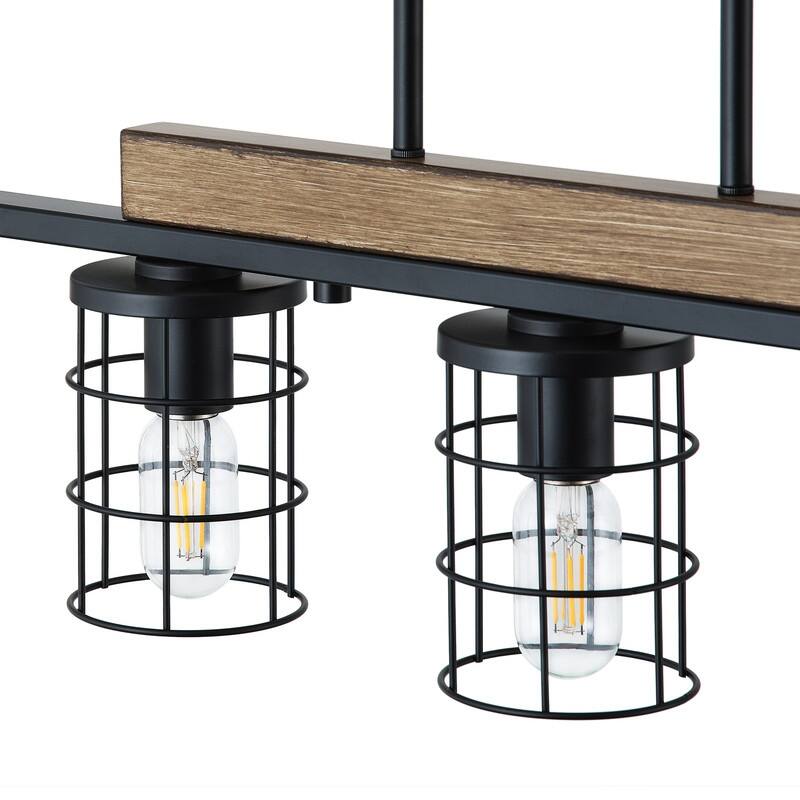 Modern Industrial 5 Light Black Iron Pendant Light Faux Wood Grain Ceiling Fixture