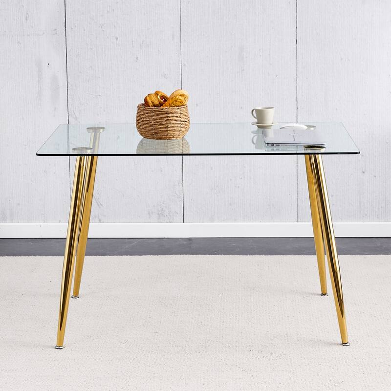 Modern Minimalist Rectangular Glass Dining Table Tempered Glass Tabletop and Golden plating Metal Legs,Writing Table Desk