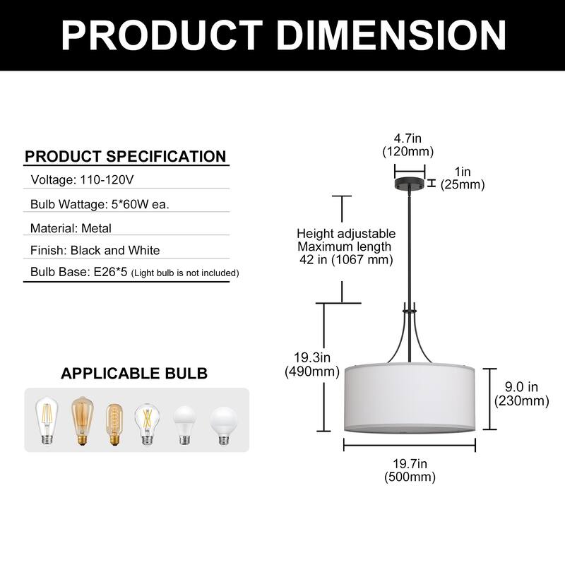YANSUN 5-Light Chandelier with Fabric Drum Shades, E26 Base, No Bulbs, Black&White