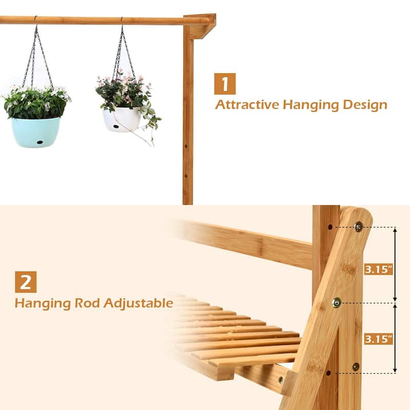 Costway 3 Tier Bamboo Hanging Folding Plant Shelf Stand Flower Pot - 27.5''x16''x47.5''-56.5''(LxWxH)