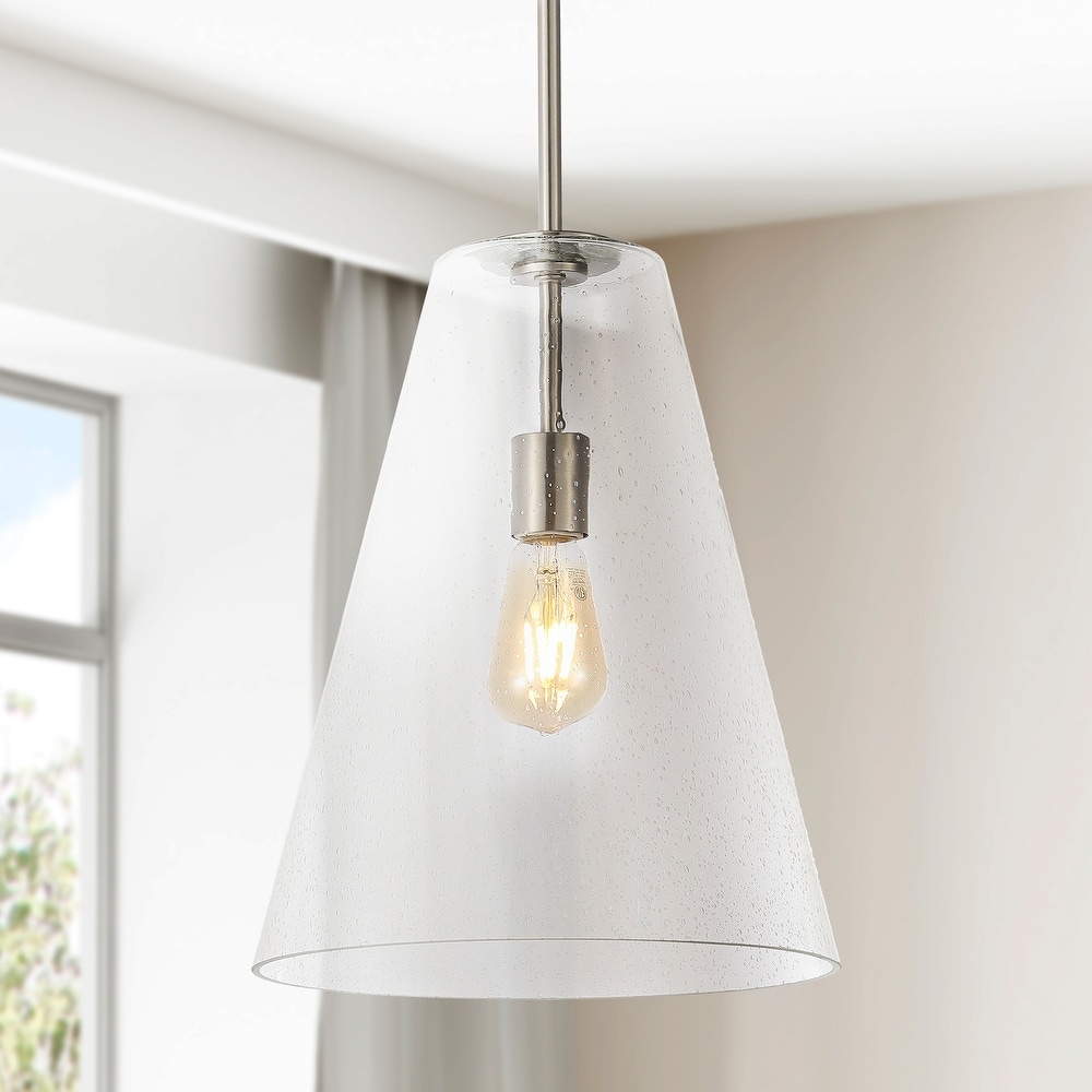 JONATHAN Y Hayes 11.5" 1-Light Mid-Century Modern Iron/Seeded Glass LED Pendant, Nickel/Clear