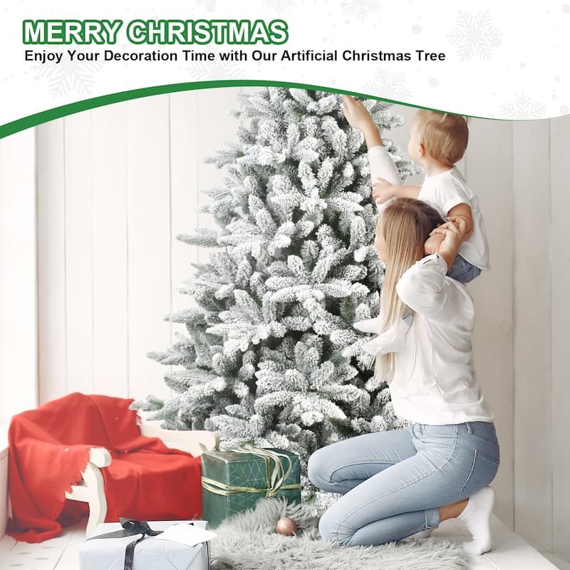 Flocked Artificial Christmas Tree - PE+PVC Snowy Branches, Hinged Structure, Metal Stand - White