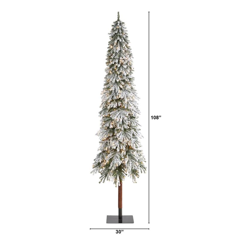 9' Flocked Grand Alpine Artificial Christmas Tree with 600 Clear Lights and 1183 Bendable Branches on Natural Trunk