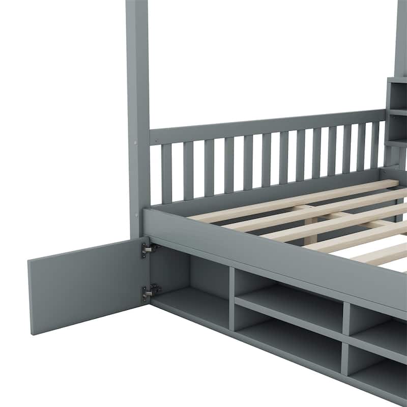 Full Size Wooden House Bed with Shelves and a Mini-cabinet