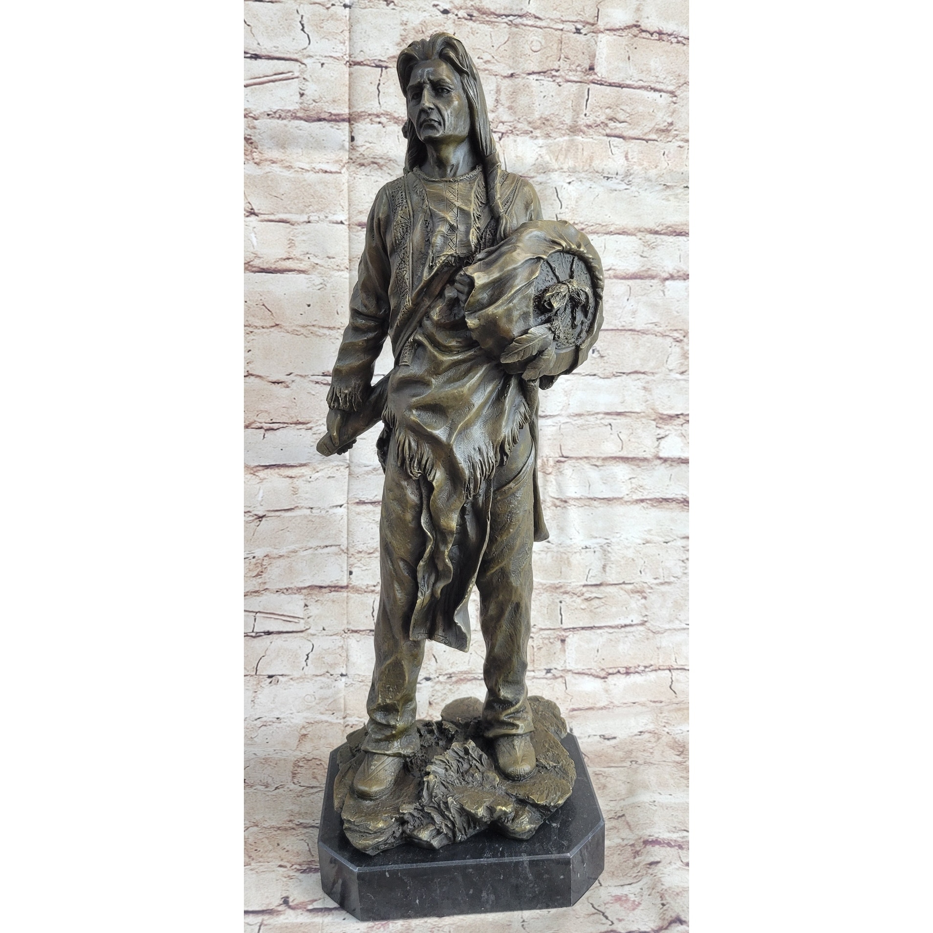 Indian Chief With Shield Gun Full Headdress Native American Bronze Statue 22 Inches
