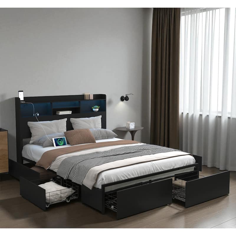 Bed Frame with 6 Storage Drawers, LED Headboard Shelf, Fast Charging Station, Heavy Duty Metal Platform No Box Spring Needed