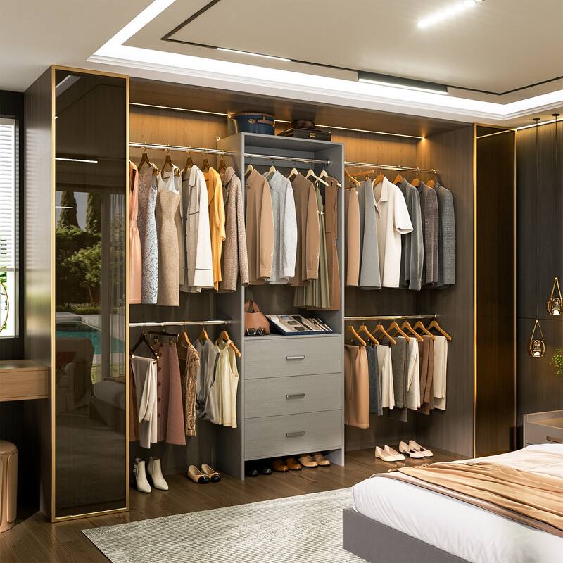 Cimly 118'' Closet Organizer with 3 Wooden Drawers, Adjustable Closet System with 5 Hanging Rods