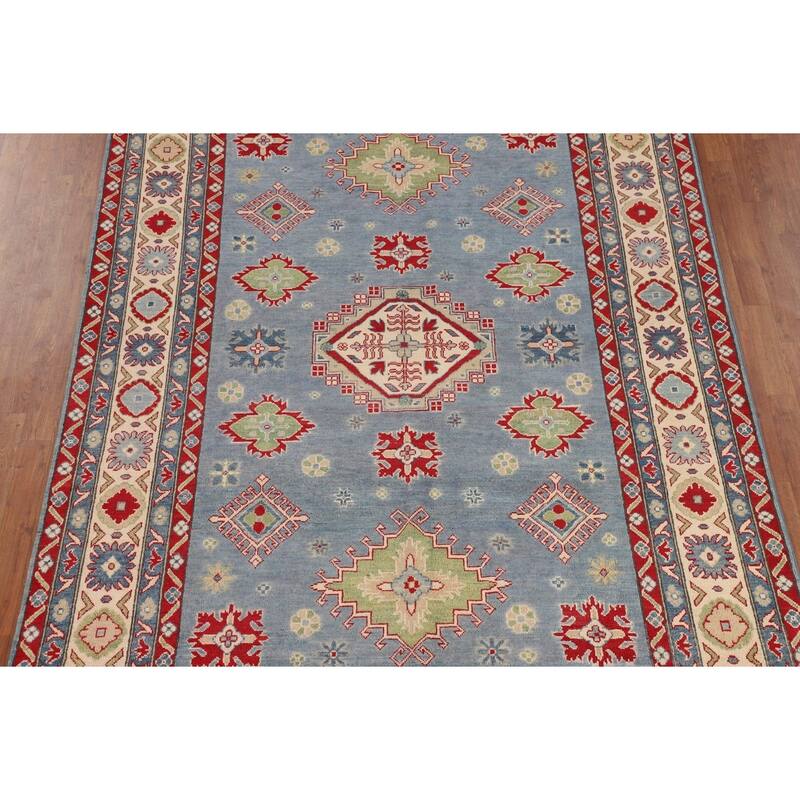 Light Blue Kazak Area Rug Living Room Hand-Knotted Wool Carpet - 6'8" x 9'9"