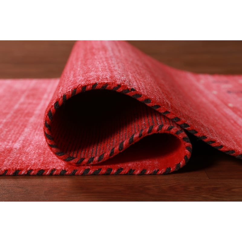Hand Knotted Oriental 100% Wool Carpet Tribal Stripe Red Gabbeh Runner Rug - 10' 0'' X 2' 6''