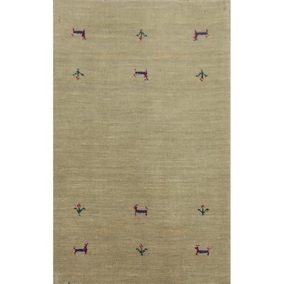 Hand Knotted Oriental 100% Wool Carpet Tribal Animal Pictorial Beige & Ivories Gabbeh Area Rug - 3' 0'' X 2' 0''