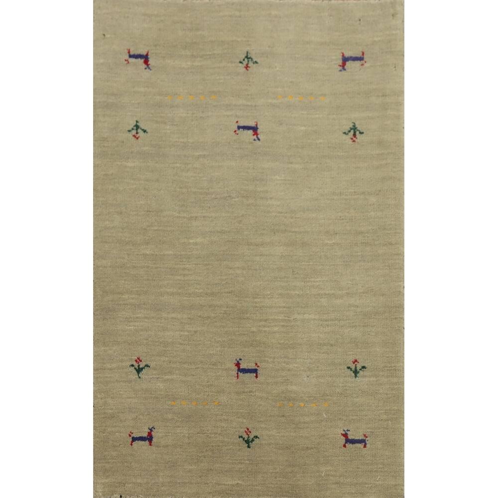 Hand Knotted Oriental 100% Wool Carpet Tribal Animal Pictorial Beige & Ivories Gabbeh Area Rug - 3' 0'' X 2' 0''