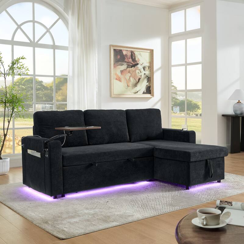 Roomfitters Modern Chenille Pull-Out Bed Sofa with Retractable Table, LED Lighting, USB Ports and Cup Holders