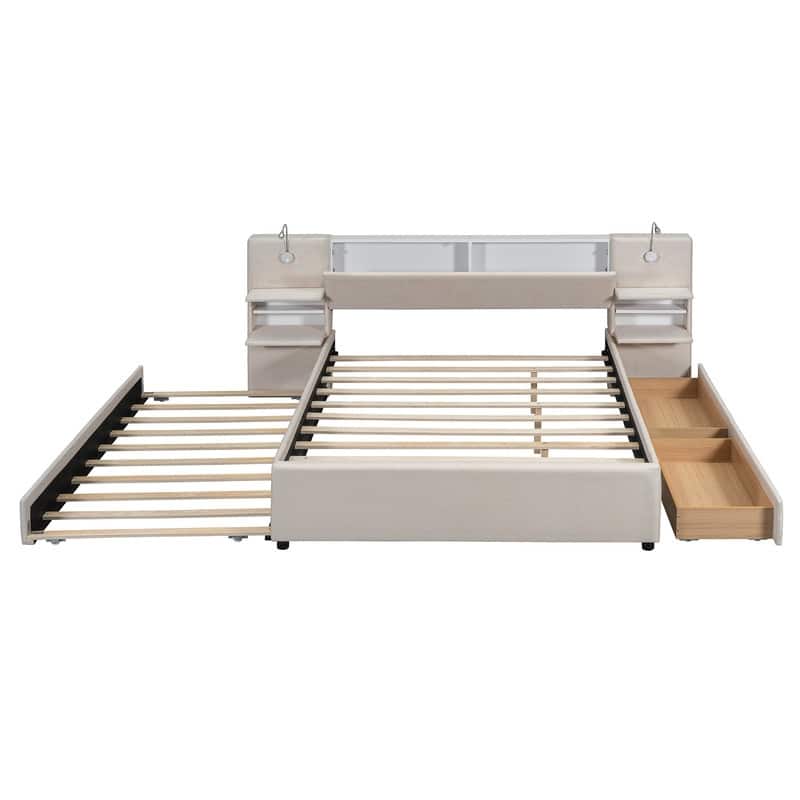 Queen Size Linen Upholstered Platform Bed with Headboard Lights and Shelves, Storage Bed Frame with Drawers and Trundle
