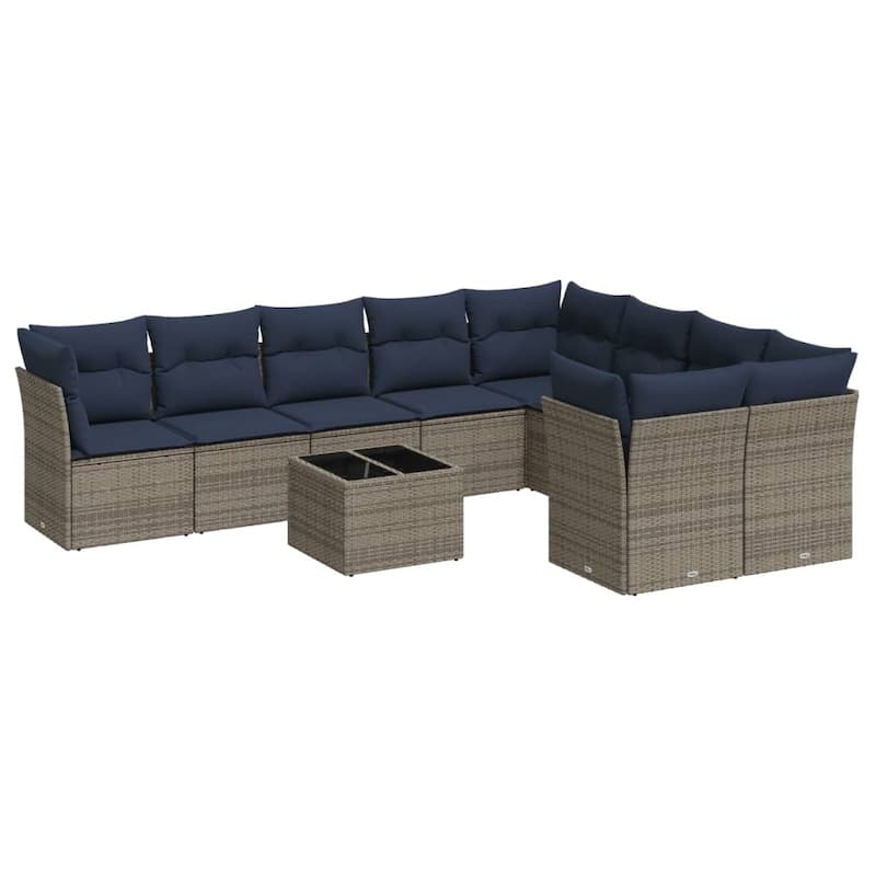 vidaXL 9/10 Piece Patio Sofa Set with Cushions Black/Brown/Gray Poly Rattan - 21.7 x 24.4 x 27.2
