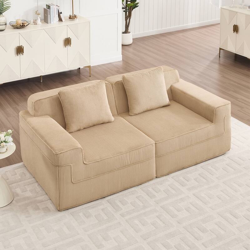 Modular 2-Seat Boneless Sofa, Modern Sectional Couch with Deep Seats, Wide Armrests, Corduroy Loveseat with Throw Pillows - Camel